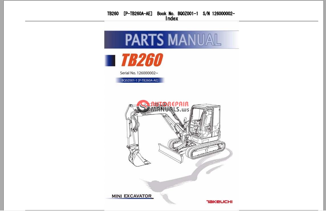 TAKEUCHI EXCAVATOR TB260 Parts Manual | Auto Repair Manual Forum